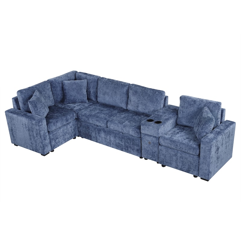 L-Shaped Modular Sectional Sofa with Pull-Out Bed, Chenille Convertible Sleeper Sofa Bed with Cup Holders & Multiple Storage