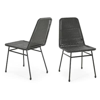 Roomfitters Sleek Outdoor Dining Chairs Set of 2, Black Wicker Patio Seating with Metal Frame, Dark Brown