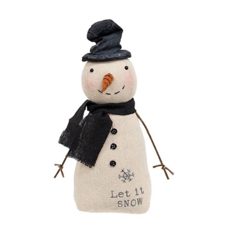Primitive Stuffed Snowman with Top Hat and Let It Snow Text - 4" x 2.50" x 9" - Black-White