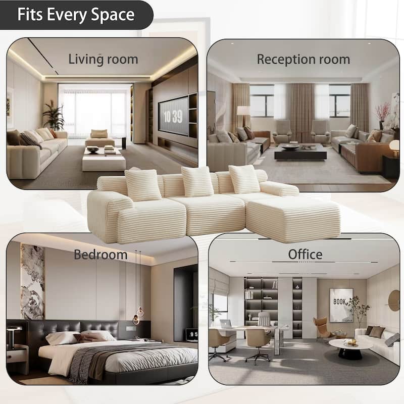 114" Corduroy Modular Sectional Sofa, Boneless Design with 4 Configurable Modules, Wide Backrest & 3 Pillows, No Assembly