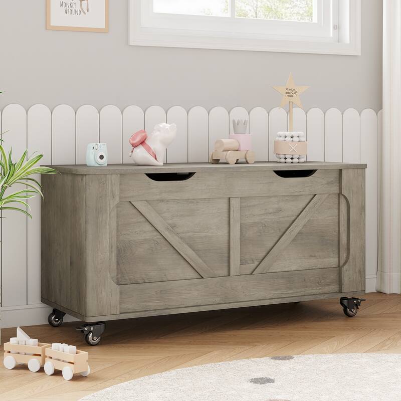 39.4'' Wooden Storage Bench With 2 Safety Hinges，Storage Trunk With 4 Wheels