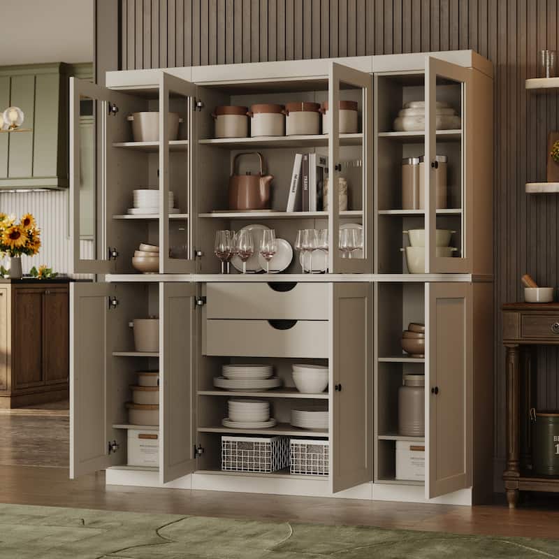Palace Imports 100% Solid Wood Pantry China Cabinet, Clear Glass & Shaker Doors, 2 Drawers, Adjustable Shelves - Off White