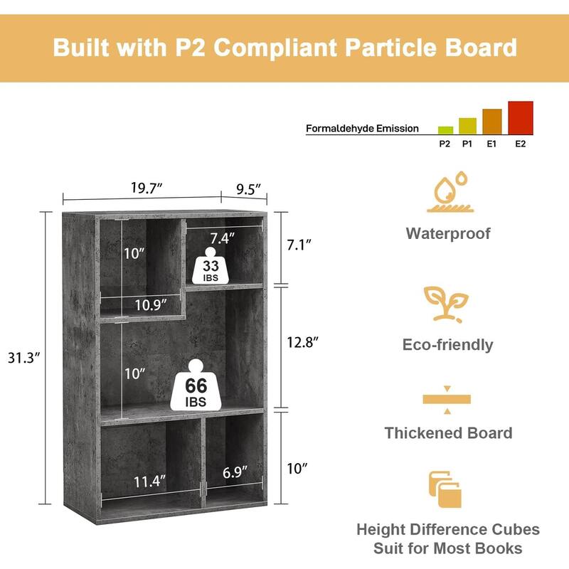 VECELO Widened Version, 3-Tier Five Open Cube Wooden Bookcase Organizer, Bookshelf, Book Storage