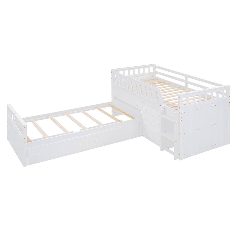 L-shaped Space-Saving Loft and Platform Bed with 7 Drawers and Guardrails - White