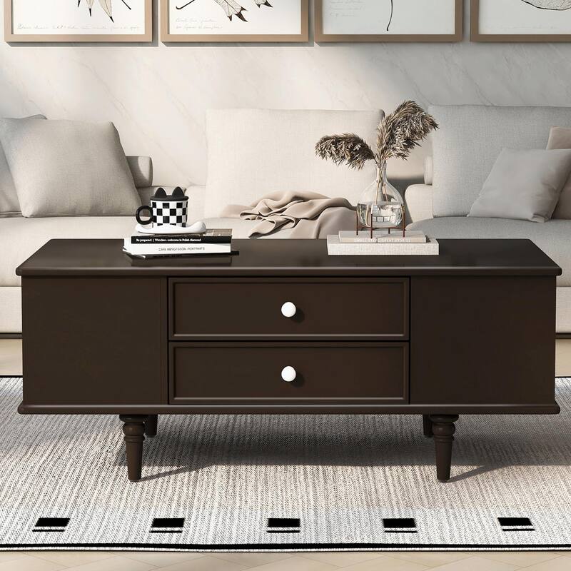 47.2" Wood Coffee Table with Metal Handles and Four Solid Wood Legs