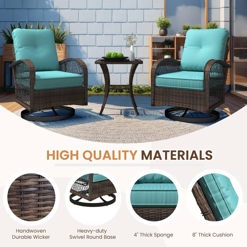 Outdoor Swivel Rocker Bistro Set - 3 Piece Wicker Patio Set with Swivel Rocking Chairs, Cushions, and Tempered Glass Side Table