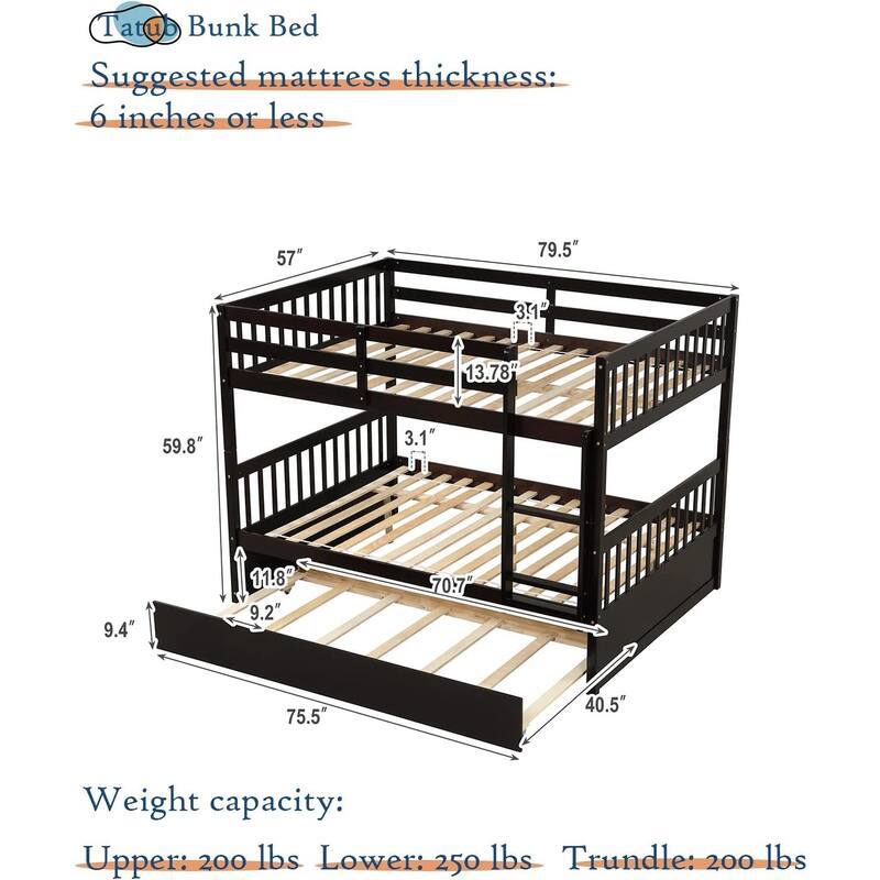 Full Over Full Bunk Bed with Trundle, Solid Bunk Bed with Trundle for Kids, Teens, Boys and Girls