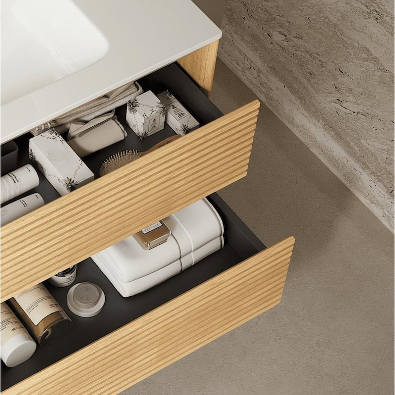 35" Bathroom Vanity with Glossy White Ceramic Sink, Corolla Oak Grain Cabinet, Soft-Close Undermount Drawers