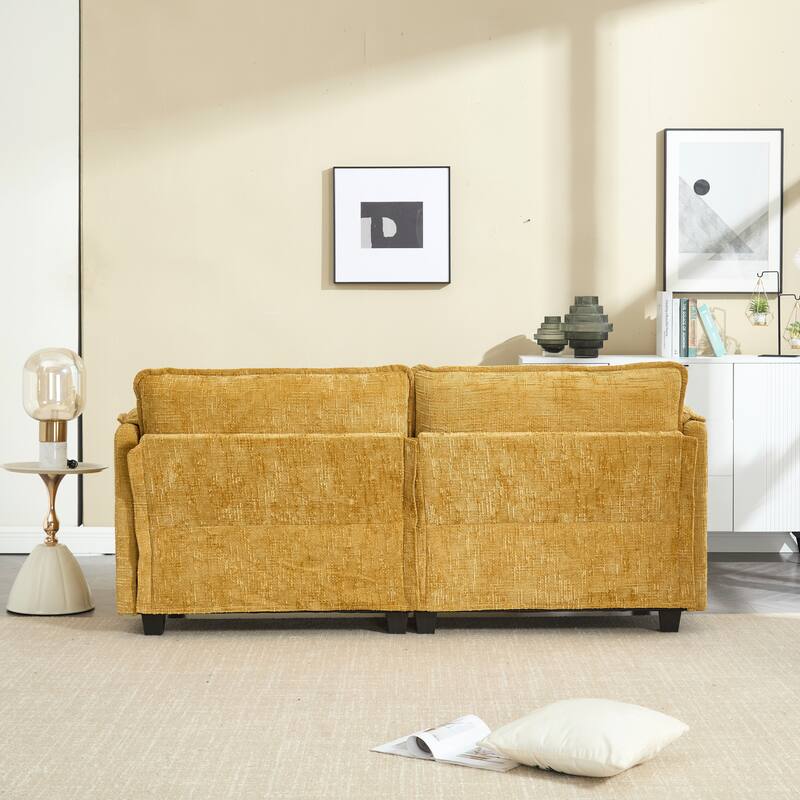 Chenille Sleeper Sofa Bed Deep Seat Loveseat Sectional Couch with Ottomans Chaise Lounge, Detachable Armrests and Side Pockets