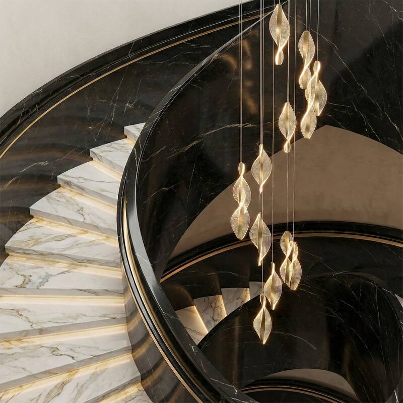AIWEN Gold Modern LED Spiral Pendant Chandelier with Acrylic Shades Multi Light for Staircase Foyer