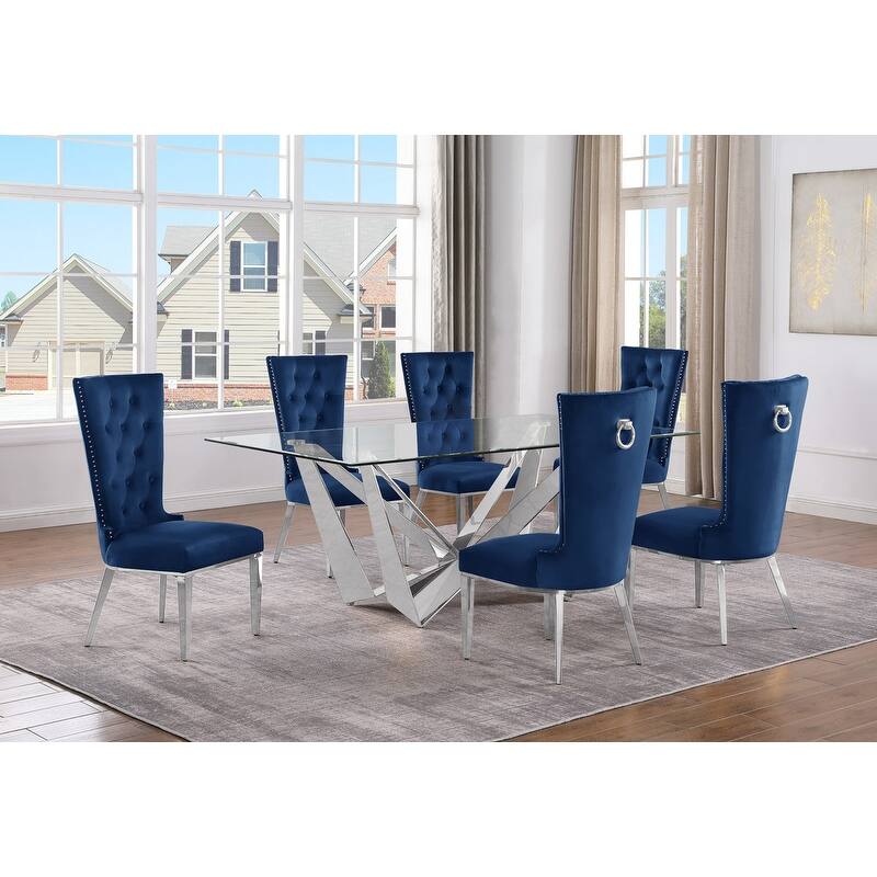 Best Quality Furniture D400/1-SC330-7 Dining Set with 78" 12mm Glass with Bevel - 7-Piece - Navy Blue / Silver
