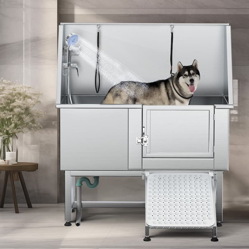 50'' W Stainless Steel Adjustable Pet Grooming Tub with Ramp - Silver