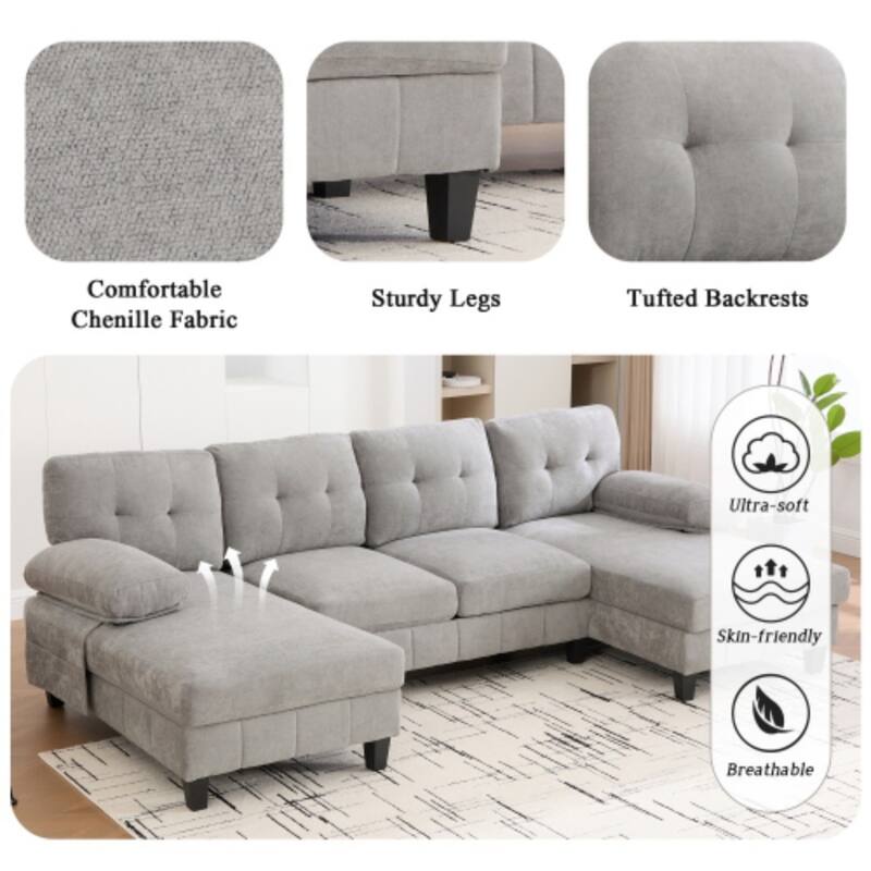 103.5" Modern Chenille U-shaped Sectional Sofa with Dual Chaise Lounges and Armrest Pillows