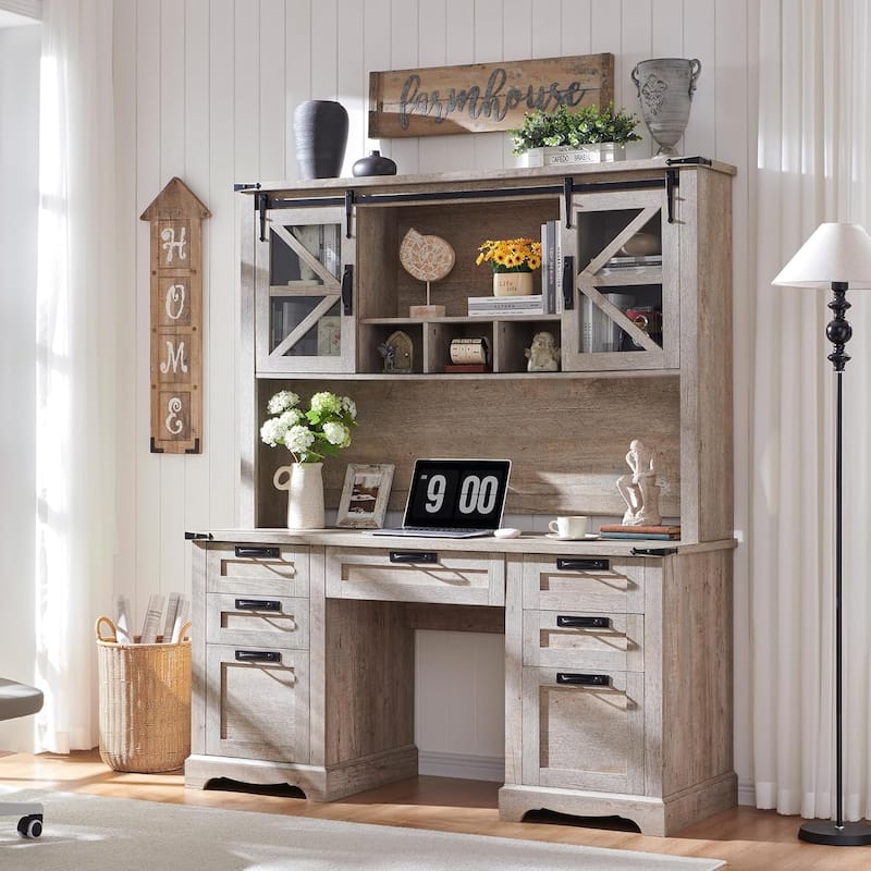Farmhouse Desk, Wood Home Office Executive Desk with Charging Station - Light Rustic Oak