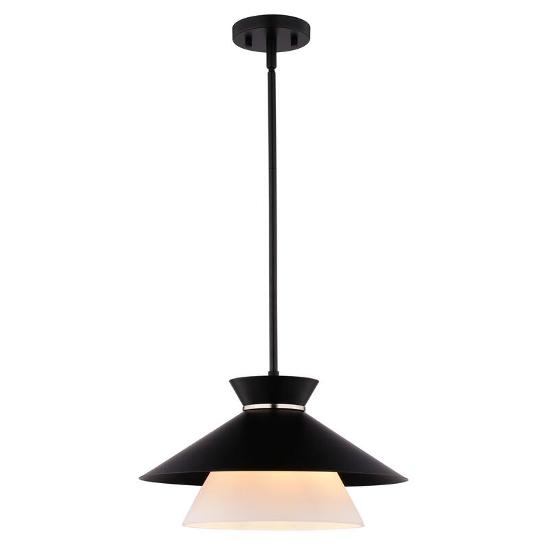 Loomis 1-Light Black Mid-Century Modern Pendant, White Glass Shade, Adj Height Ceiling Chandelier Dining Room Fixture