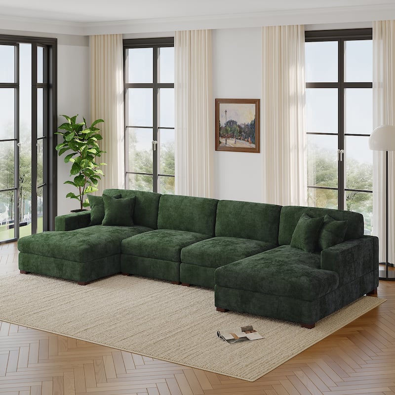 Modern Upholstered Chenille Modular Sectional Sofa with 2 Chaise - Green-4 Piece
