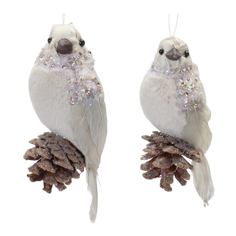 Beaded Bird with Pinecone Christmas Ornaments - 6.5" - 12ct