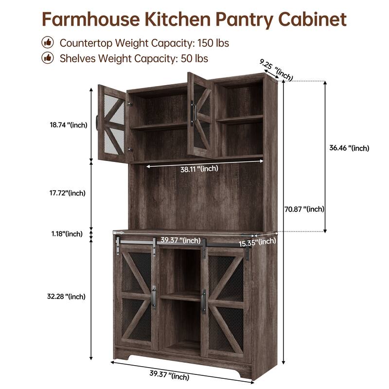 Meyreso 72" Tall Farmhouse Kitchen Storage Cabinet with Hutch Microwave Stand