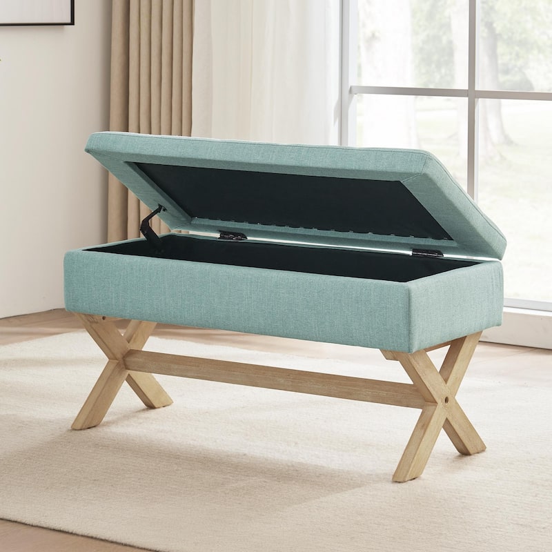 Fabric Entryway Bench Beige/ Grey Upholstered Storage Bench with X-Shaped Legs, 36-inch