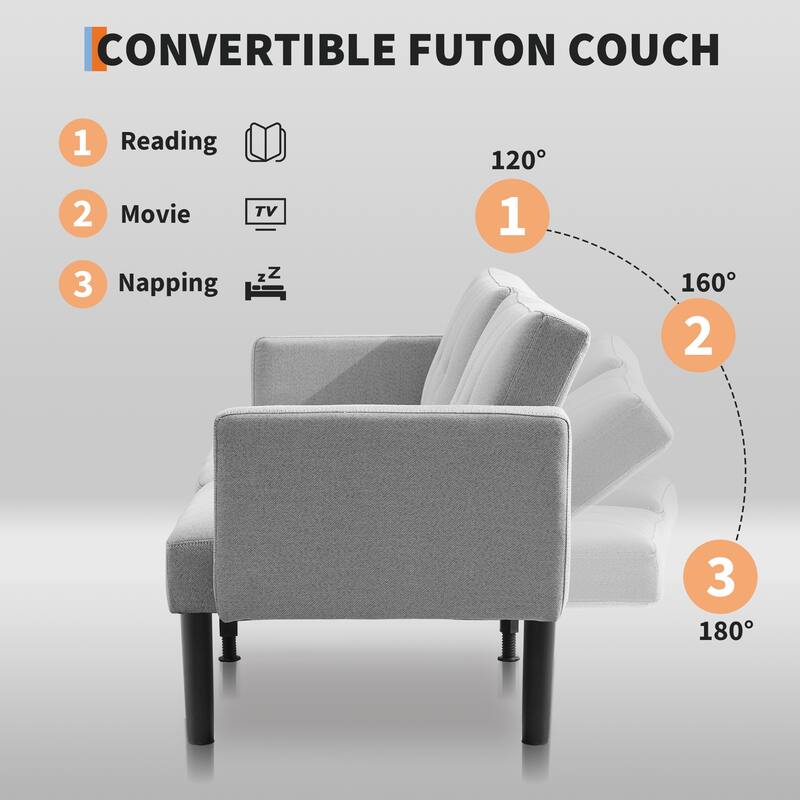 Convertible Futon Sofa Bed, 75.5” Linen Flannel Loveseat Couch Bed With Wood Legs
