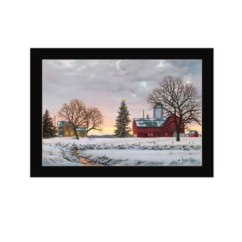 TrendyDecor4U Farmhouse "Morning Calls" Framed Print Wall Art by Bonnie Mohr - Red, Brown, Blue, Earth Tones - Black
