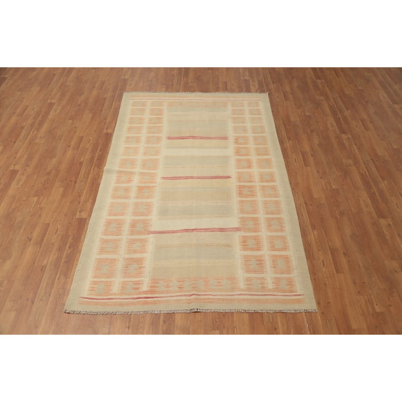Hand Woven Oriental 100% Wool Carpet Southwestern Tribal Beige & Ivories Kilim Area Rug - 7' 9'' X 4' 10''