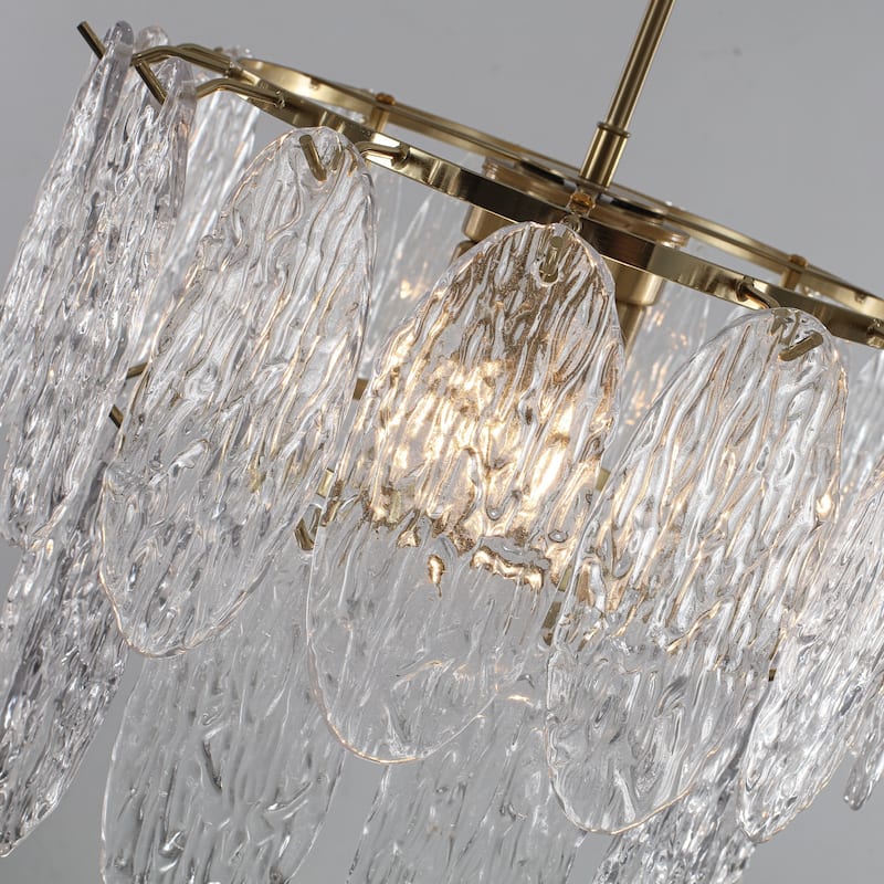 15.7" 2-Light Modern Luxury Gold Handmade Clear Textured Leaf-Shaped Glass Tiered Chandelier for Living Room, Dining Room