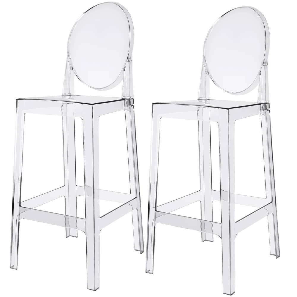 Smoke 25" Counter Height Bar Stools with Back – Stackable Transparent Plastic Chairs for Kitchen, Bar, or Outdoor – Set of 2