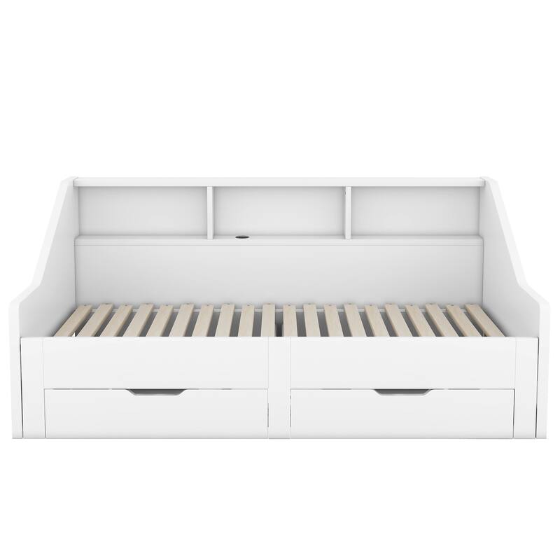 Twin to King Size Daybed Frame with Storage Bookcases and 2 Drawers