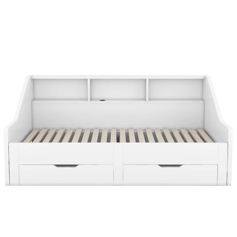 Twin to King Size Daybed Frame with Storage Bookcases and Two Drawers