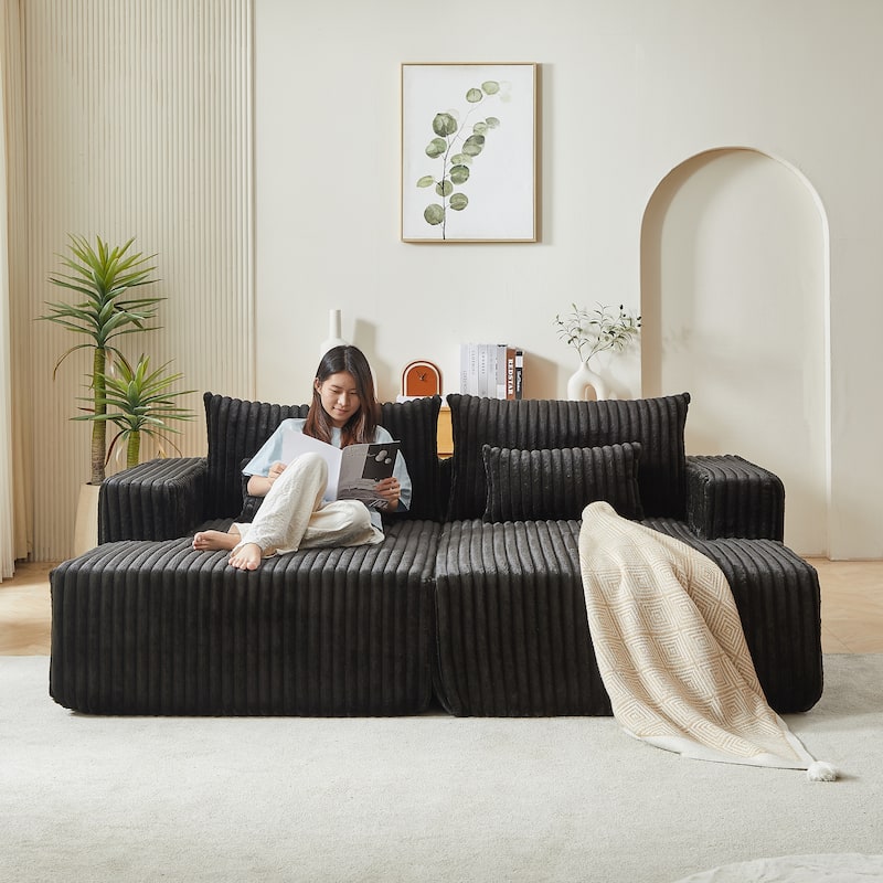 87'' Lounge Chaise Sleeper Sofa - Soft Corduroy Couch with Ottoman Bench and Pillow Support