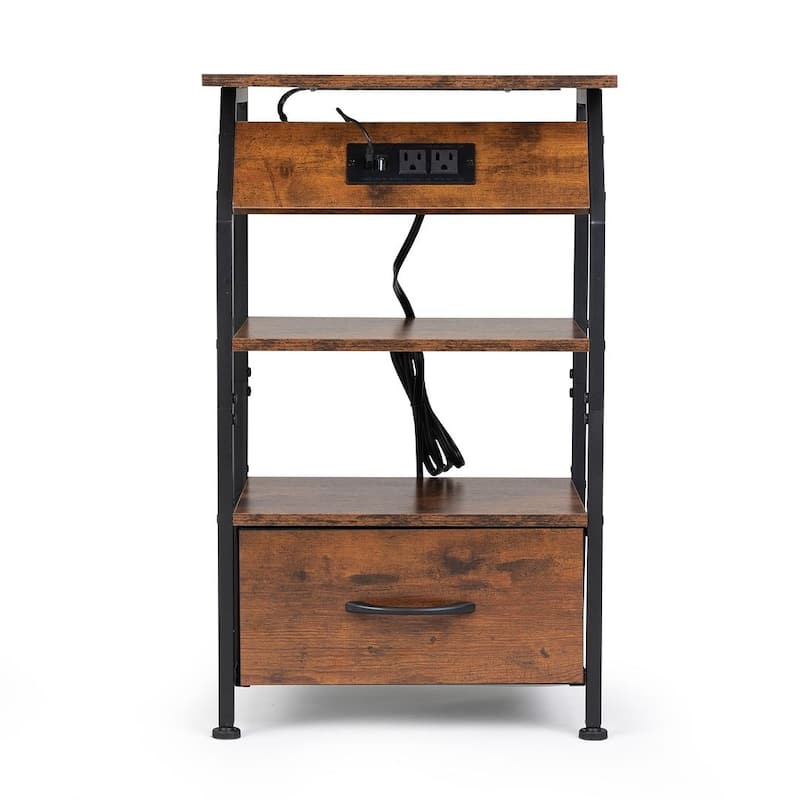 Vintage Nightstand with Charging Station, Remote Control LED Lights