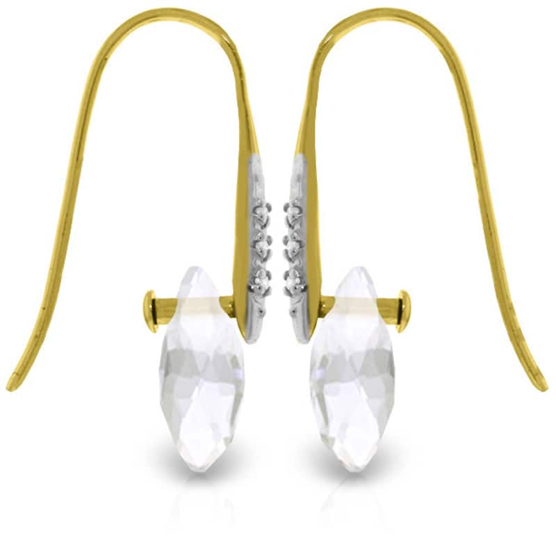 14K Solid Gold Earrings w/ Diamonds & Dangling Briolette White Topaz