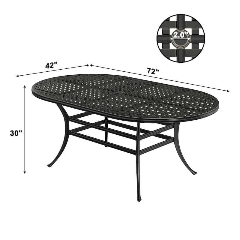 72" Outdoor Dining Table Cast Aluminum Classic Lattice Elliptical Shape Patio Table with Umbrella Hole