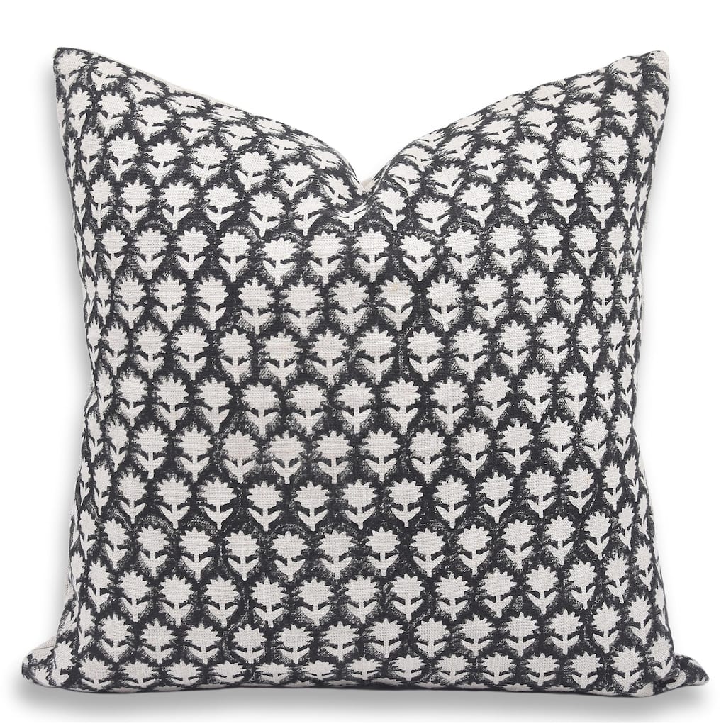 Fabdivine Vintage Throw Black Pillow Cover Floral Hand Block Print for Fall Home Room Accent Heavy Linen Cushioncase, Pankhudi