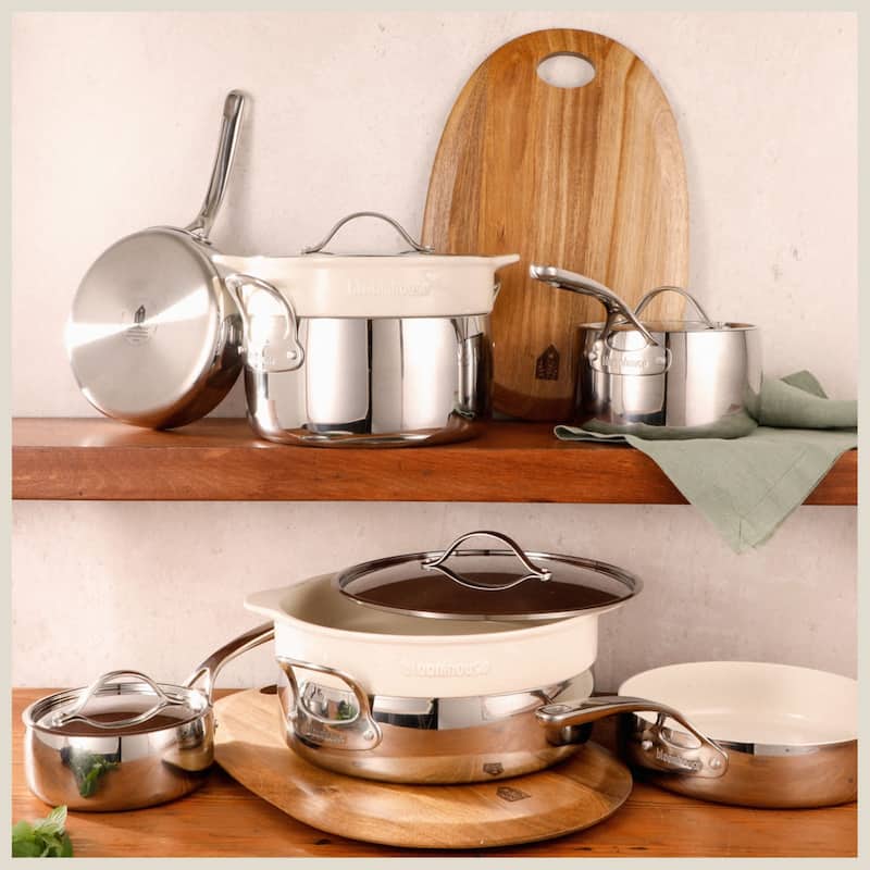 Bloomhouse 12 Piece Triply Stainless Steel Cookware Set w/ Non-Stick Non-Toxic Ceramic Interior and Ceramic Steamer Inserts