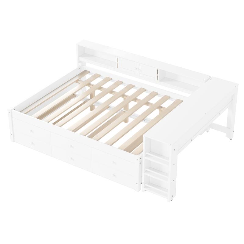 Full/Twin Daybed with Trundle & Storage Drawers - Wood Frame with Side Shelves and Desk