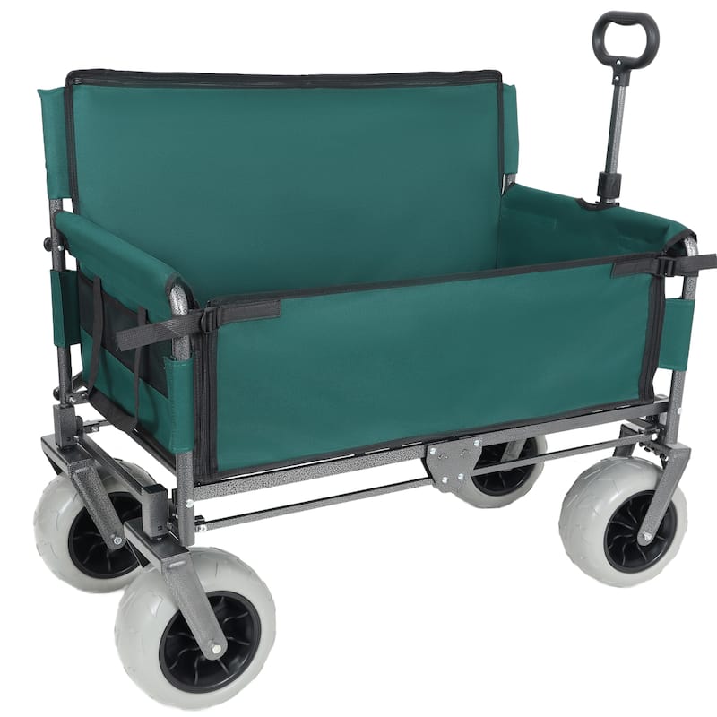 3-in-1 Folding Wagon with Bench Seat - 500lbs Capacity, 9"x4" Beach Tires for Camping & Beach, green