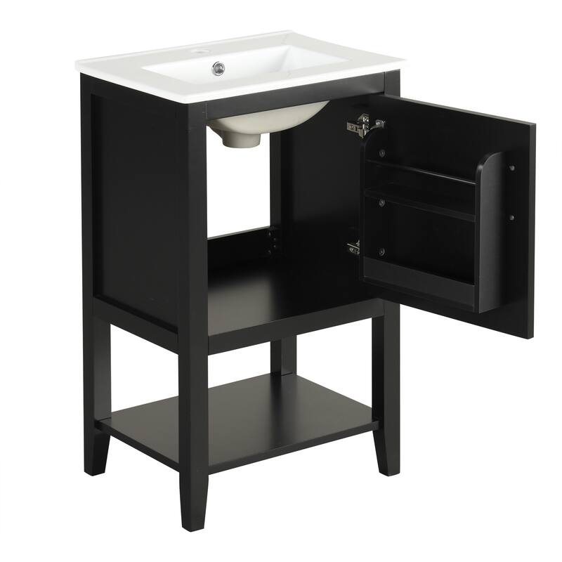 Small Bathroom Vanity with Sink, Bathroom Storage Cabinet with Soft Close Door, Single Vanity with Storage Rack and Open Shelf