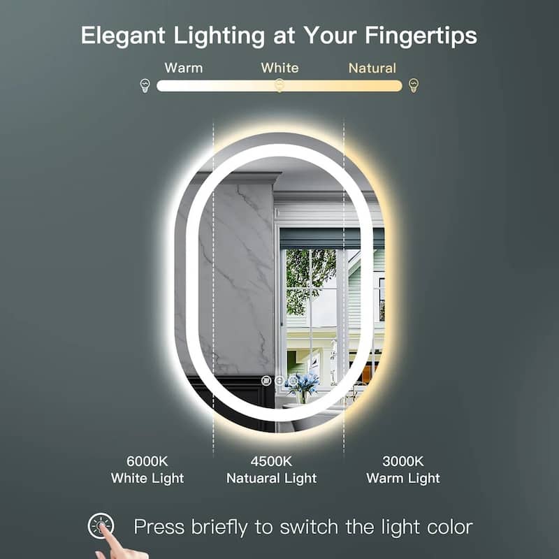Oval Front & Back LED Lighted Anti-fog Tempered Glass Wall Bathroom Vanity Mirror, ETL Certified, 3-Year Warranty