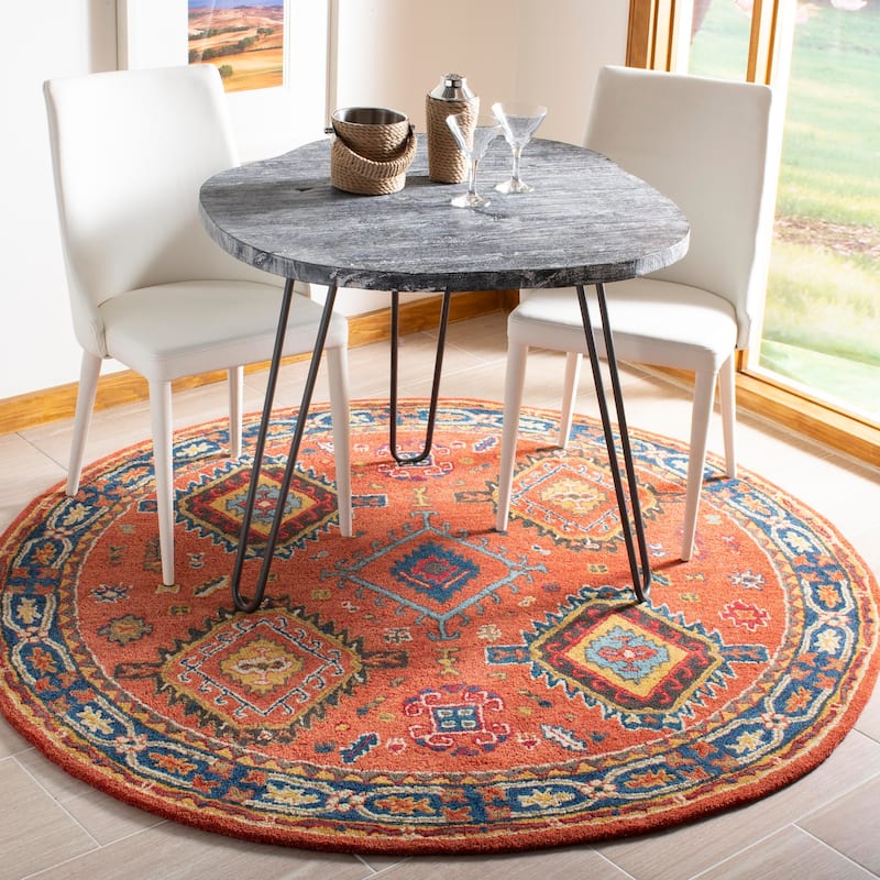 SAFAVIEH Handmade Heritage Avalon Vine Traditional Oriental Wool Rug - 6' Round - Rust/Navy