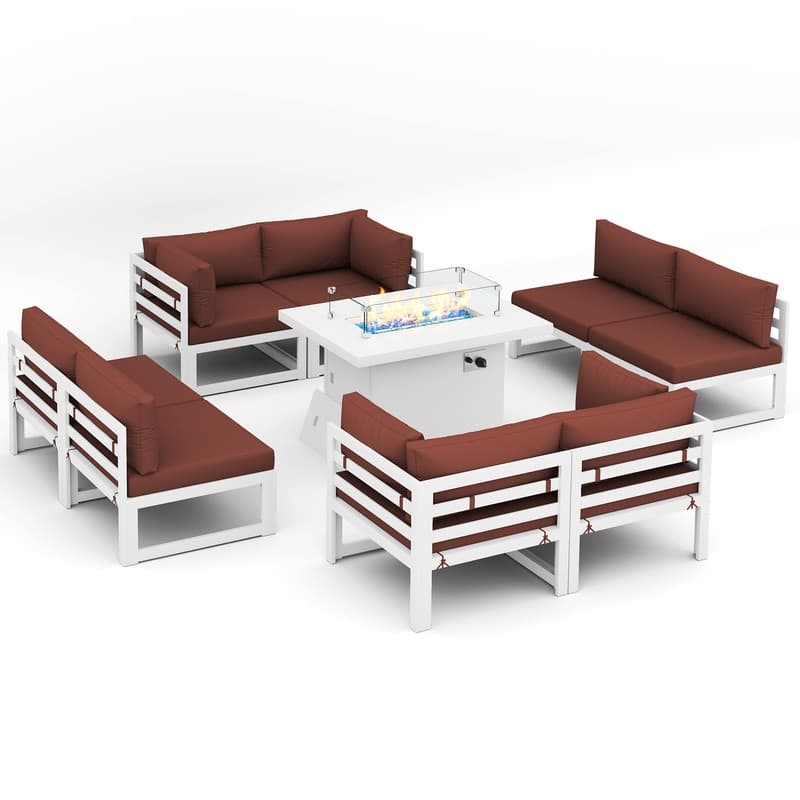 FINCATI Outdoor Furniture Aluminum Patio Set White Aluminum Outdoor Sofa with Thick Cushions and 29 Inch Deep Seat - 9 Pcs-B - Burgundy