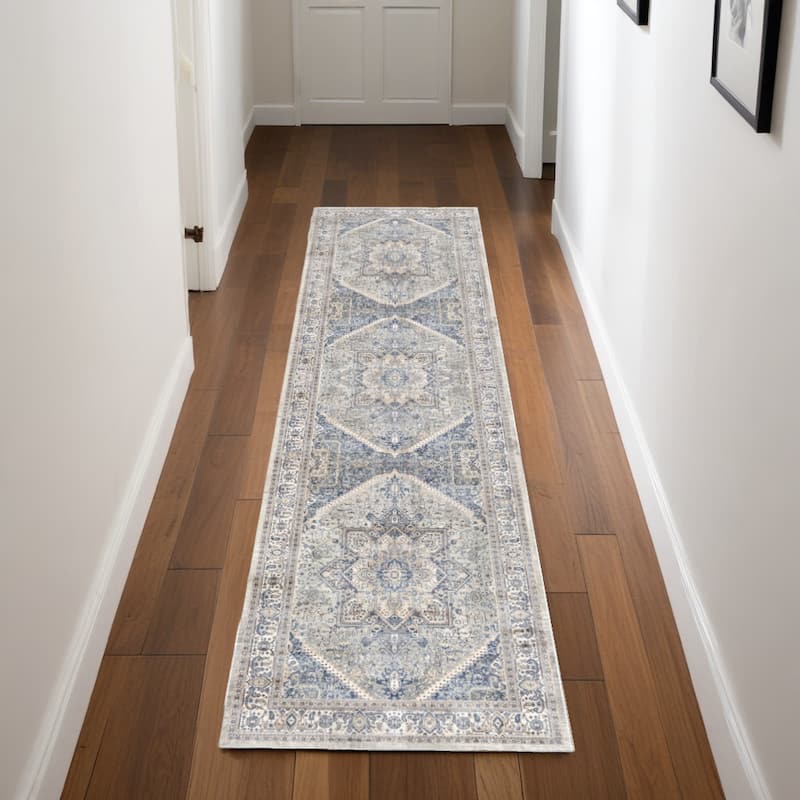 Lele Power Loomed Distressed Abstract Floral Traditional Non Skid Stain Resistant Low Pile Area Rug By HomeRoots - 90' X '26' X '0.2 - Cream/Onyx - Runner