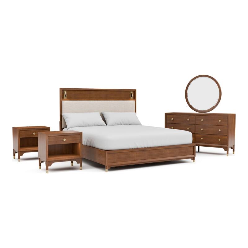 Furniture of America Forma Mid-Century Modern 5-Piece Walnut Solid Wood Platform Bedroom Set
