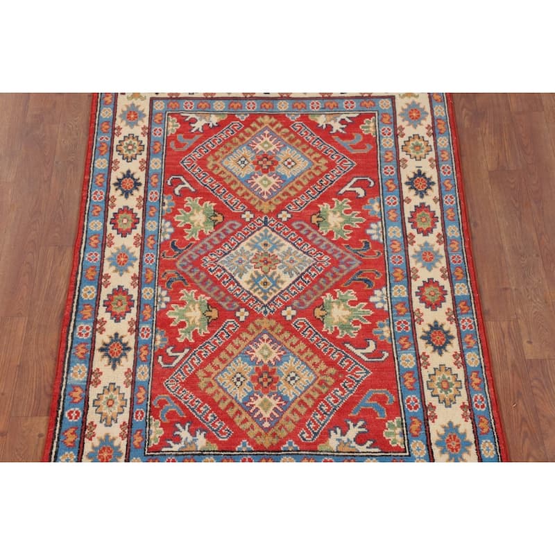 Geometric Orange Kazak Accent Rug Hand-Knotted Wool Carpet - 3'0" x 4'11"