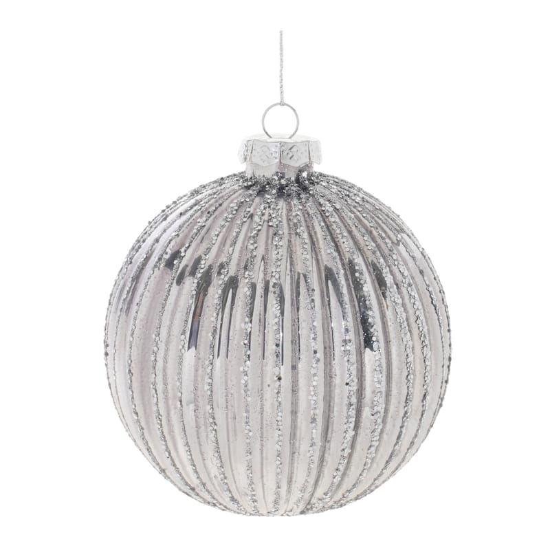 Glittered Finish Glass Christmas Ball Ornaments - 4" (101.6mm) - Silver - 6ct