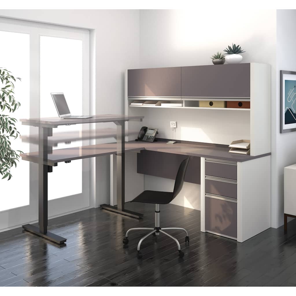 Bestar Connexion 72W L-Shaped Standing Desk with Pedestal and Hutch