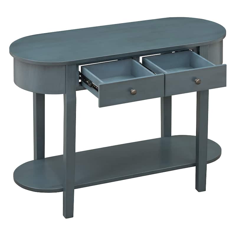 40" Solid Wood Console Table with Real Wood Veneer, 2 Drawers and Lower Shelf, MDF and Pine Frame