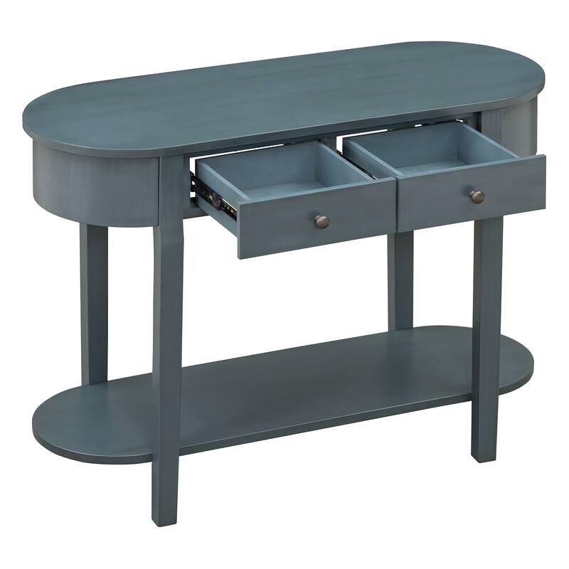 Curved Console Table with 2 Storage Drawers and Metal Handles, Wooden Hallway Tables Entryway Table wOpen Storage Shelf