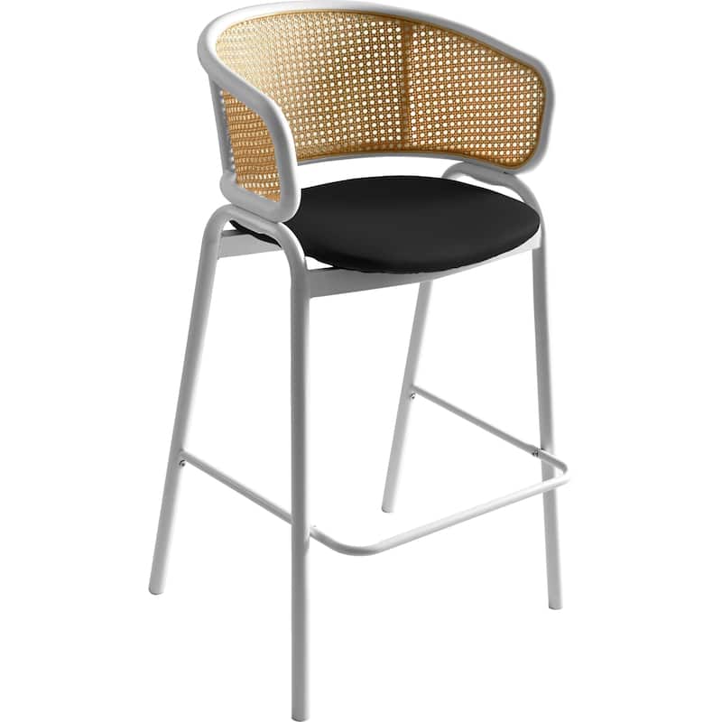 LeisureMod Ervilla Modern Wicker Leather Bar Stool with Curved Back & White Stainless Steel Frame for Home & Kitchen - Black